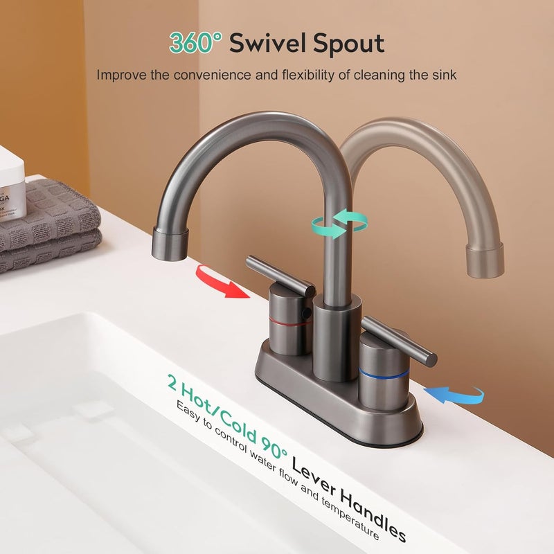 faustina Gery Bathroom Faucet, 4 Inch Centerset Faucet for Sink 2 Holes 3 Holes，Two Handles 304 Stainless Steel with Pup up Drain Assembly and 2 Water Supply Lines for RV Vanity - Image 4